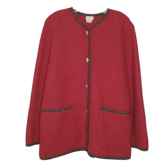LL Bean Boiled Wool Sweater Jacket M Red Gray Pocket Cardigan Tunic Austria - Picture 1 of 5